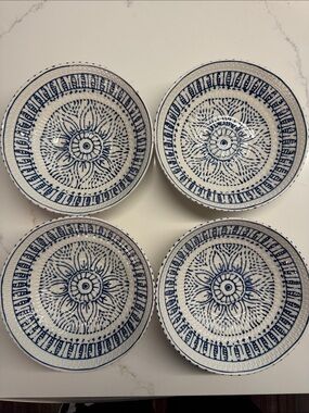 Blue and White Hand-Painted Ceramic Bowls - Set of 4